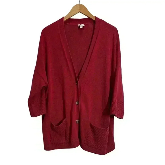 J. Jill Women XL Red Cardigan V-Neck Sweater Mid Sleeve Lagenlook Cozy Comfort - Picture 1 of 12
